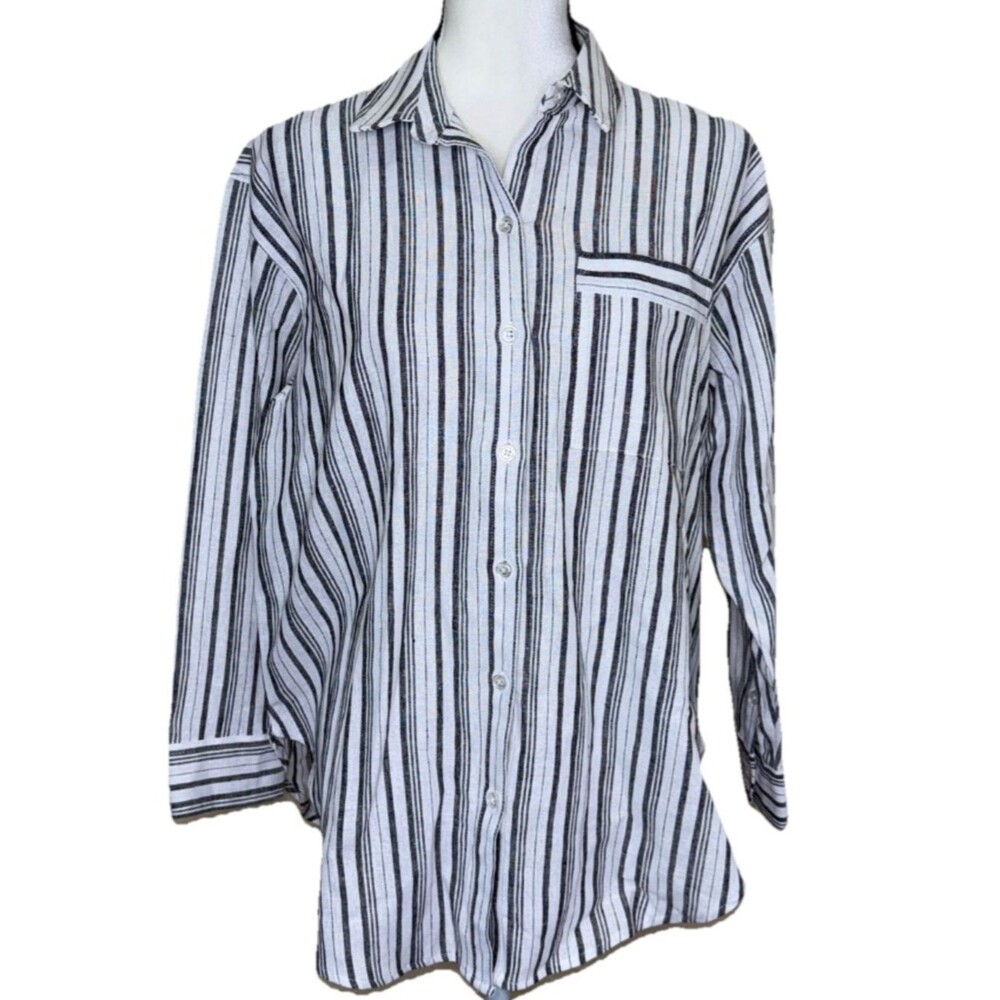 NINE WEST OVERSIZED LINEN BLEND BUTTON DOWN SHIRT TOP BLACK STRIPED NEW WOMEN’S